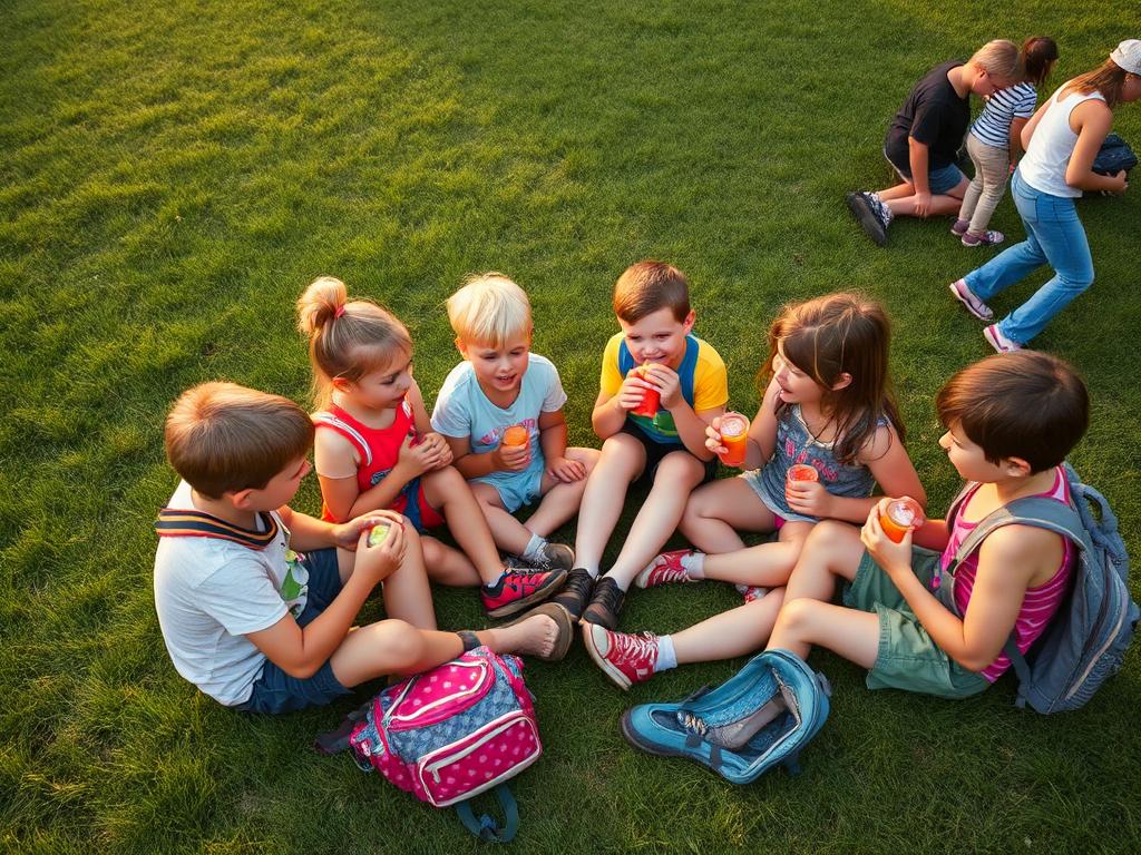 Children sharing snacks and drinks during a break